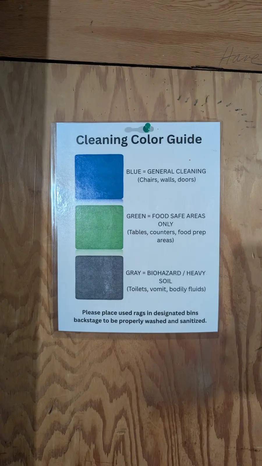 Posted cleaning color guide backstage