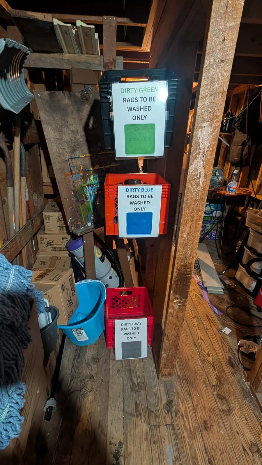 Color-labeled crates for dirty cloths