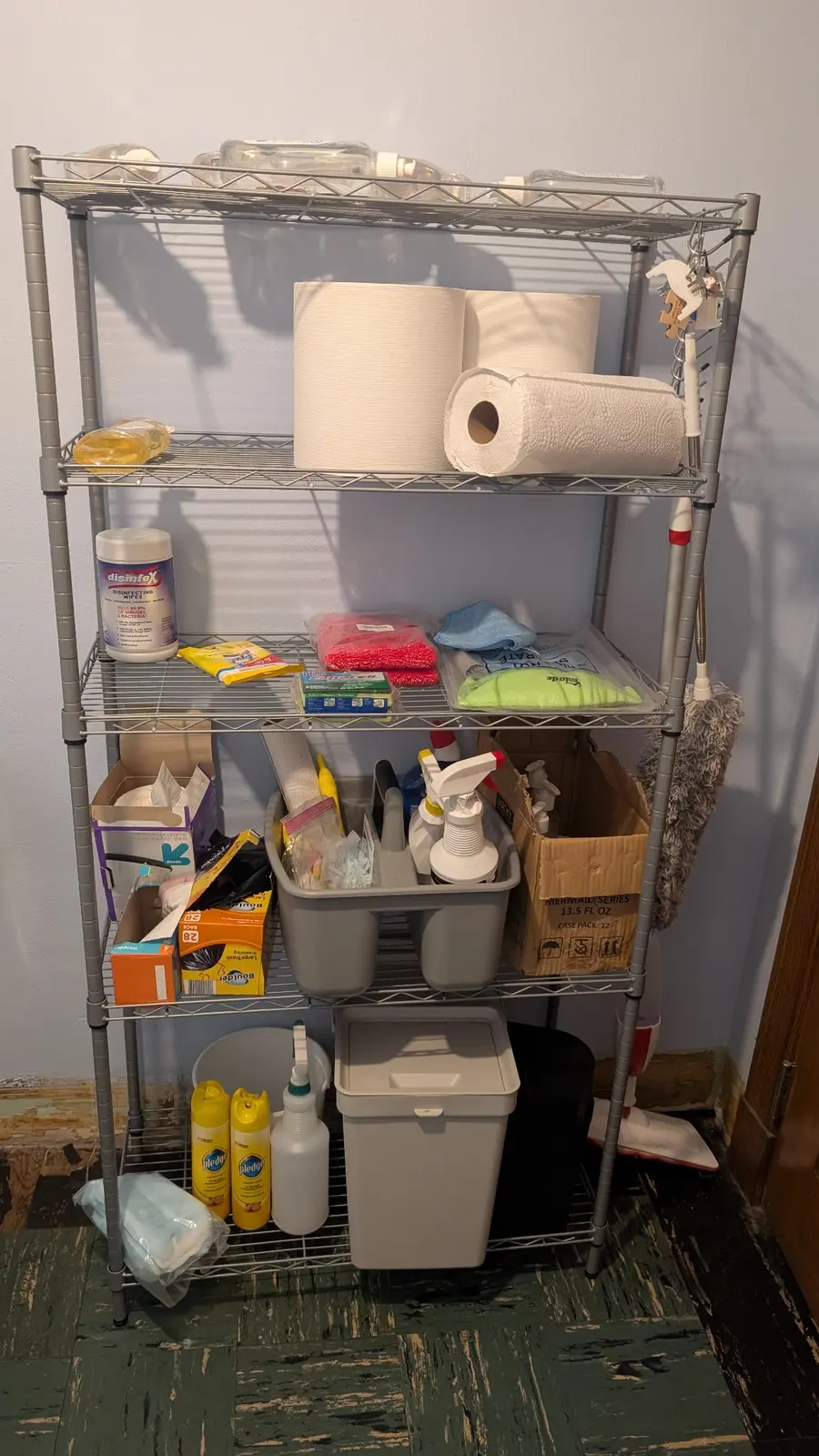 Second-floor cleaning supply shelf