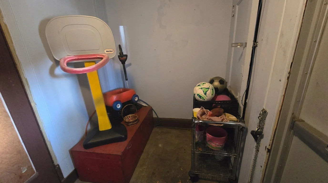 Toys stored with a clear walkway in the Social Hall Entryway